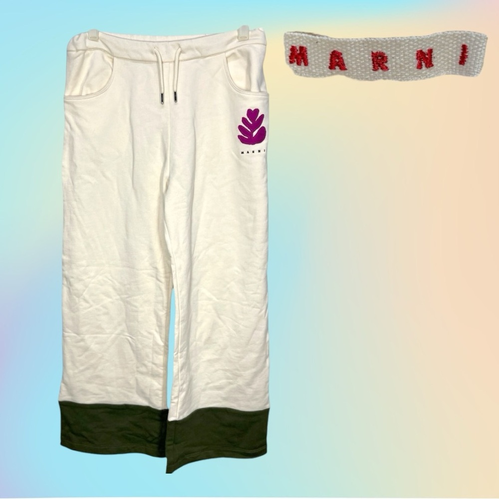 MARNI Girls Ivory/Army Green Fleece wide leg sweatpants Sz 12